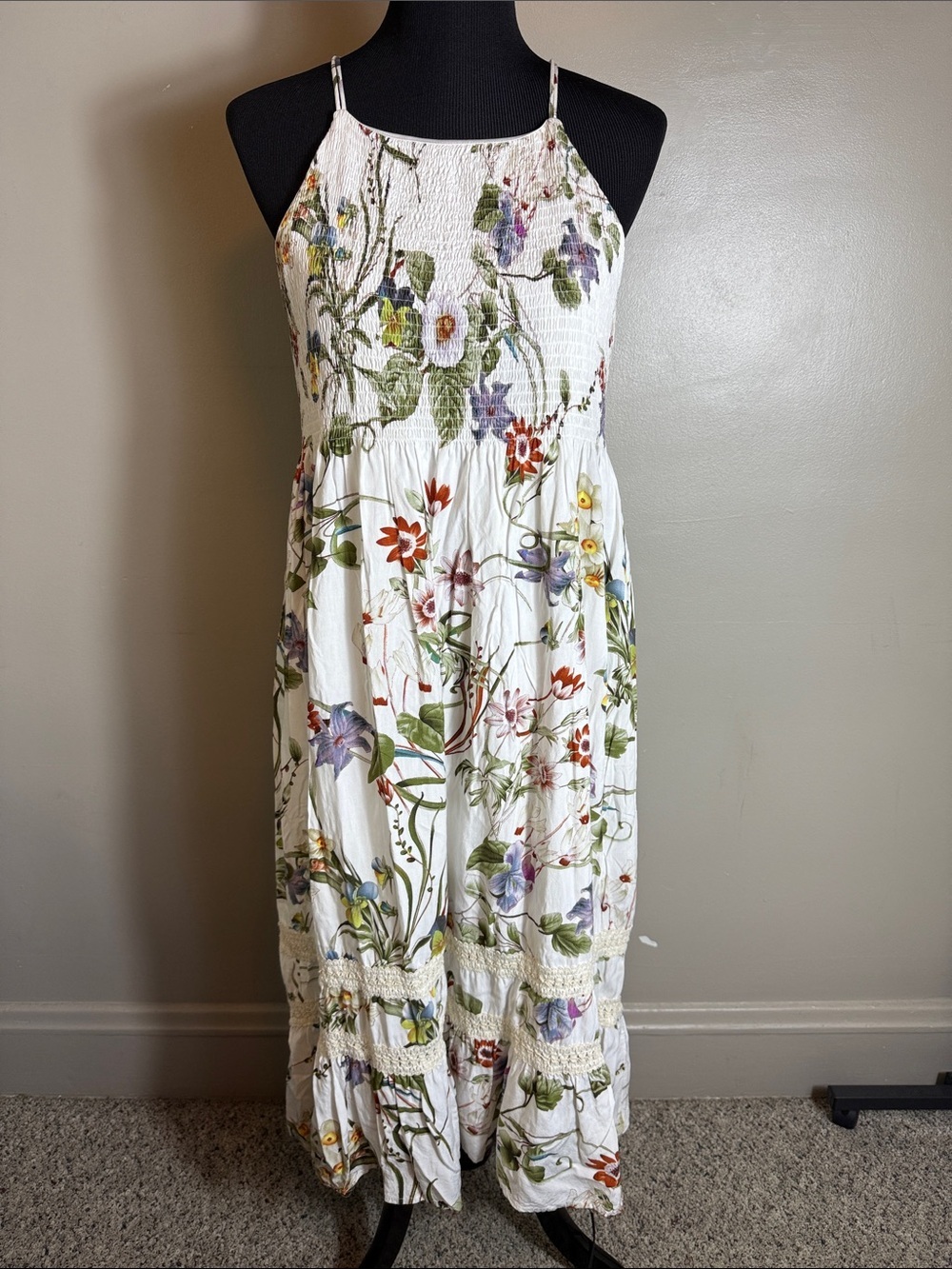 Altar’d State White Floral Smocked Midi Dress Wildflowers Sundress Sz S